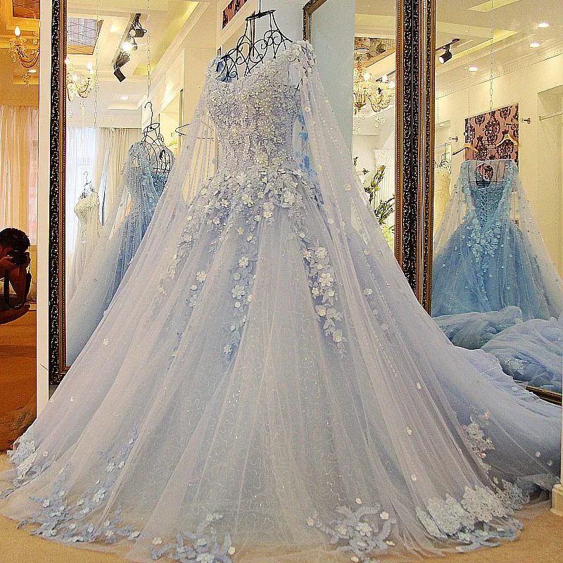 Svadobné šaty promové šaty Romantická obloha Blue 2025 Vestido de Noiva Lace Lace Apliqued Perls Ball Gown s dlhým plášťom na mieru vyrobená
