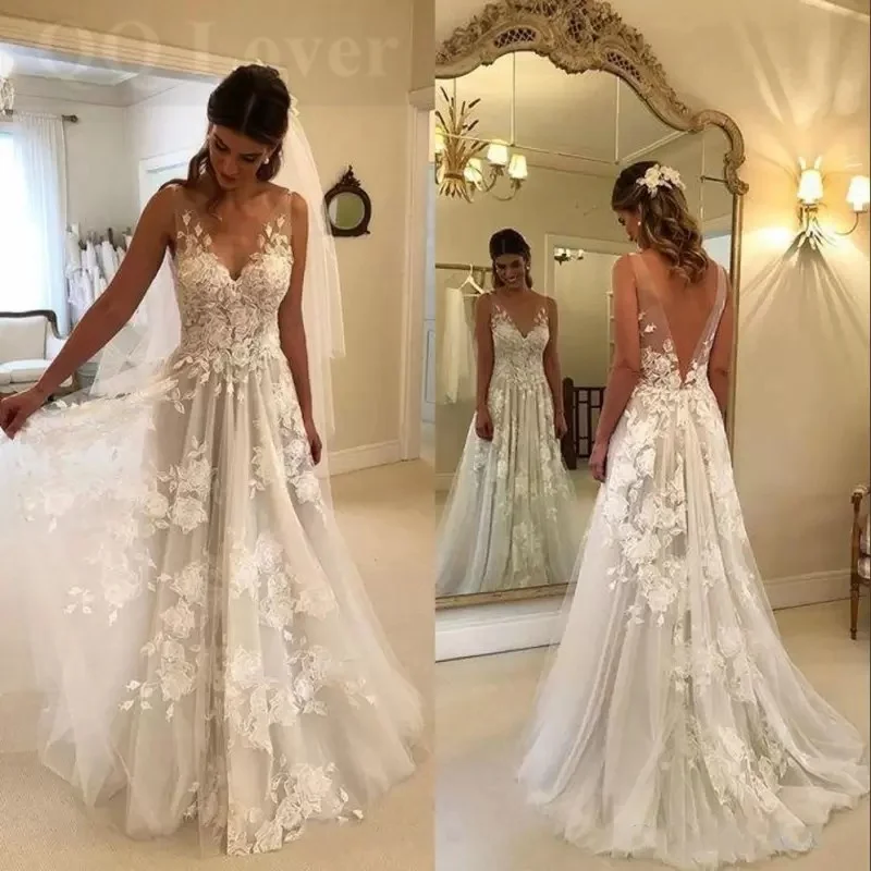 Svadobné šaty svadobné šaty V-krk prispôsobené pláž boho apliques vestido de noiva plus veľkosť rúž de soriee