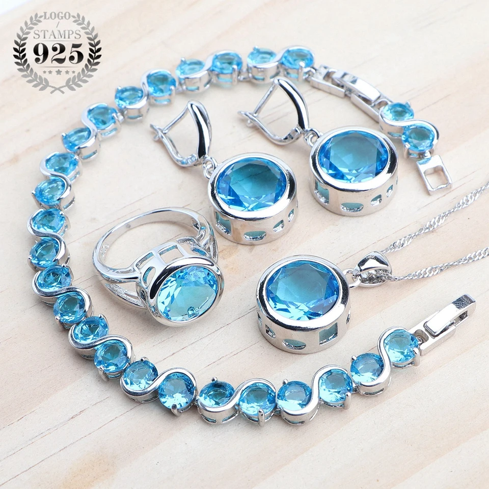 Svadobné ženy modré zirkónové šperky súpravy strieborné 925 Ženy Svadobné šperky kúzla Rings náramky náušnice súpravy prívesok náhrdelník