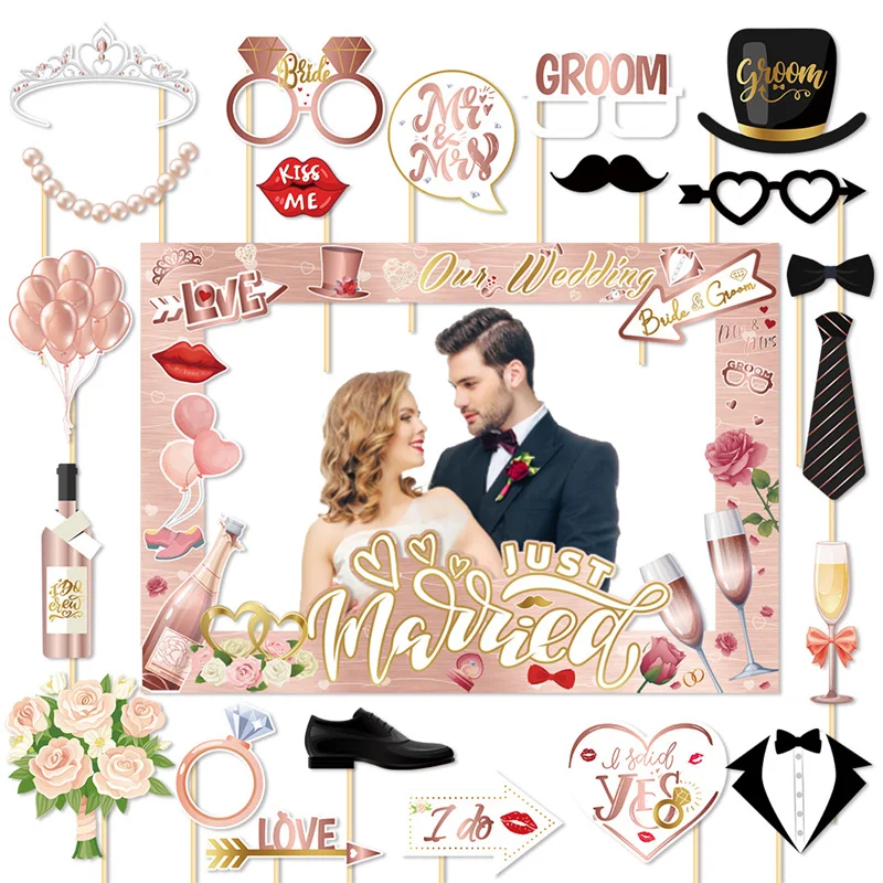 Svadobný fotorámik a fotografické rekvizity Set Svadobný obrazový rámec Photo Booth Reques for Svadobná sprcha Bachelorette Party Svadobná večera