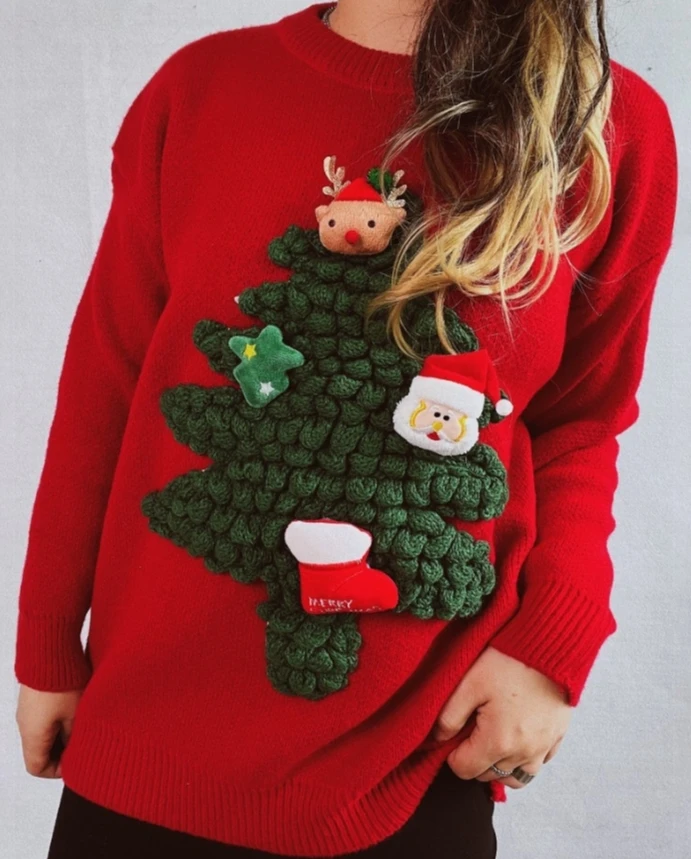 Sveter Santa Claus Reindeer vzor okrúhly krk s dlhým rukávom Sveter