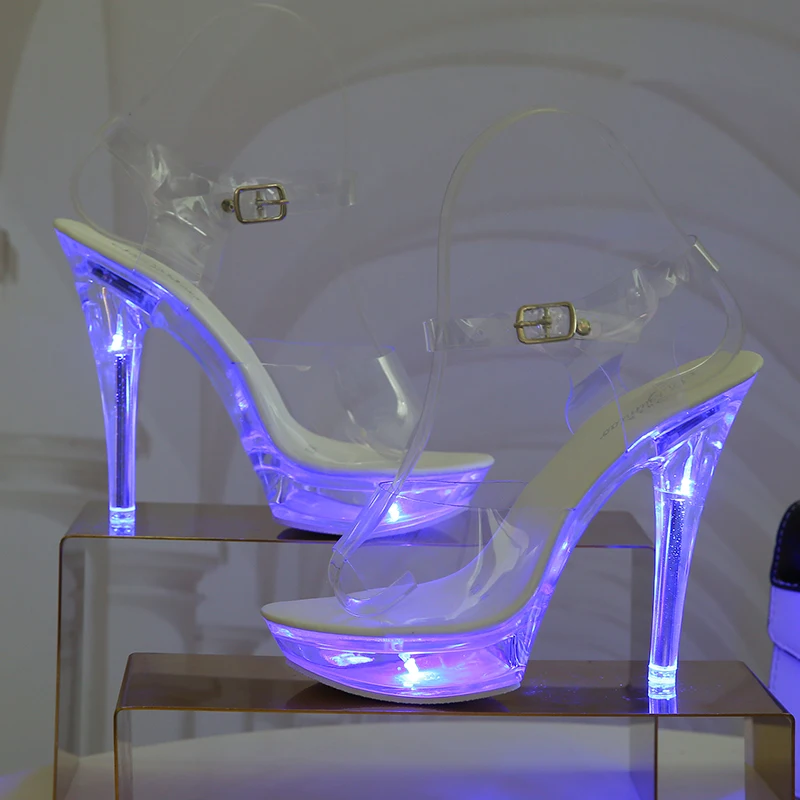 Sveterajte žiariace topánky Žena Luminous Clear Transparent Sandals Dámske topánky Platforma LED 13 cm vysoké päty Stripper päty topánky