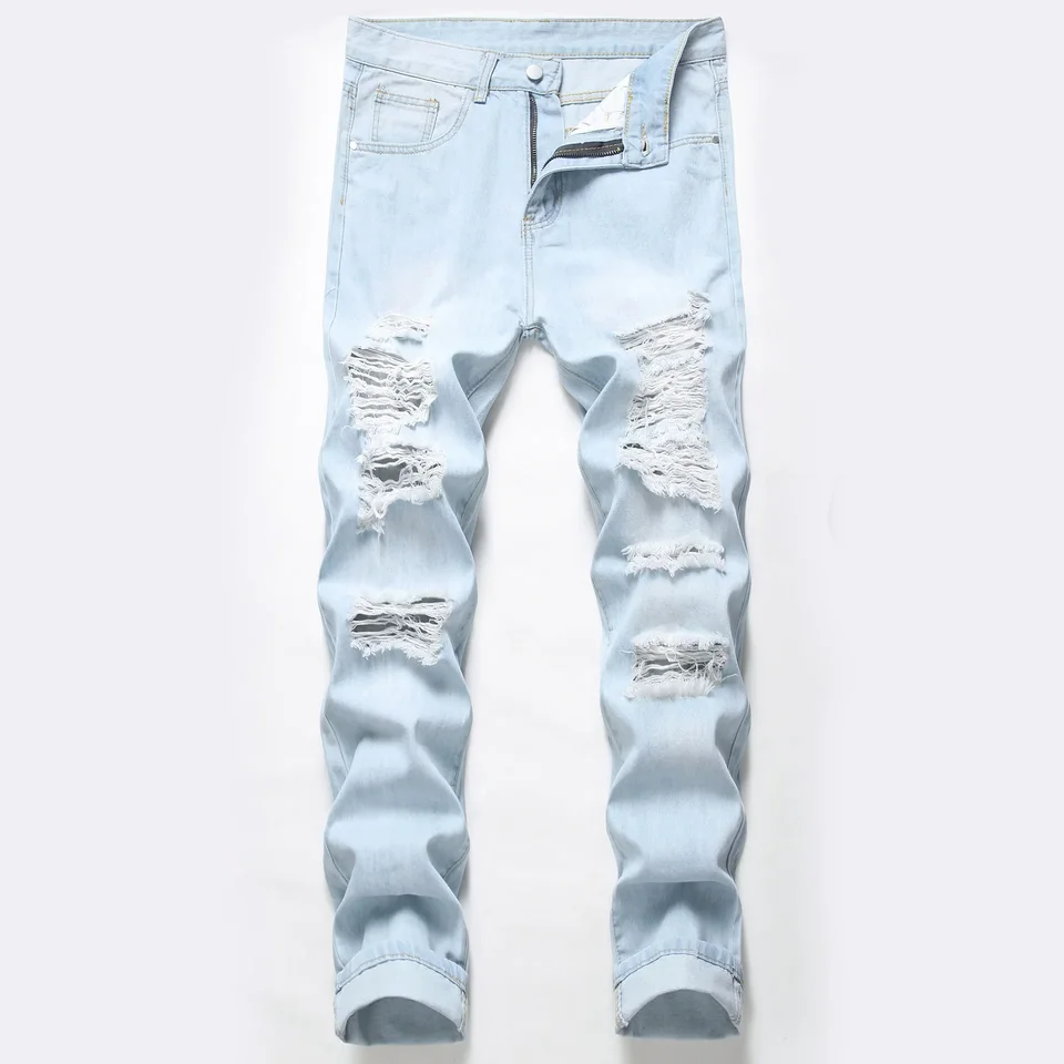 Svetlo modrá roztrhané džínsy Pánske módne moto personalizované pouličné diery nohavice štíhle stretch Male Punk Rock Denim nohavice