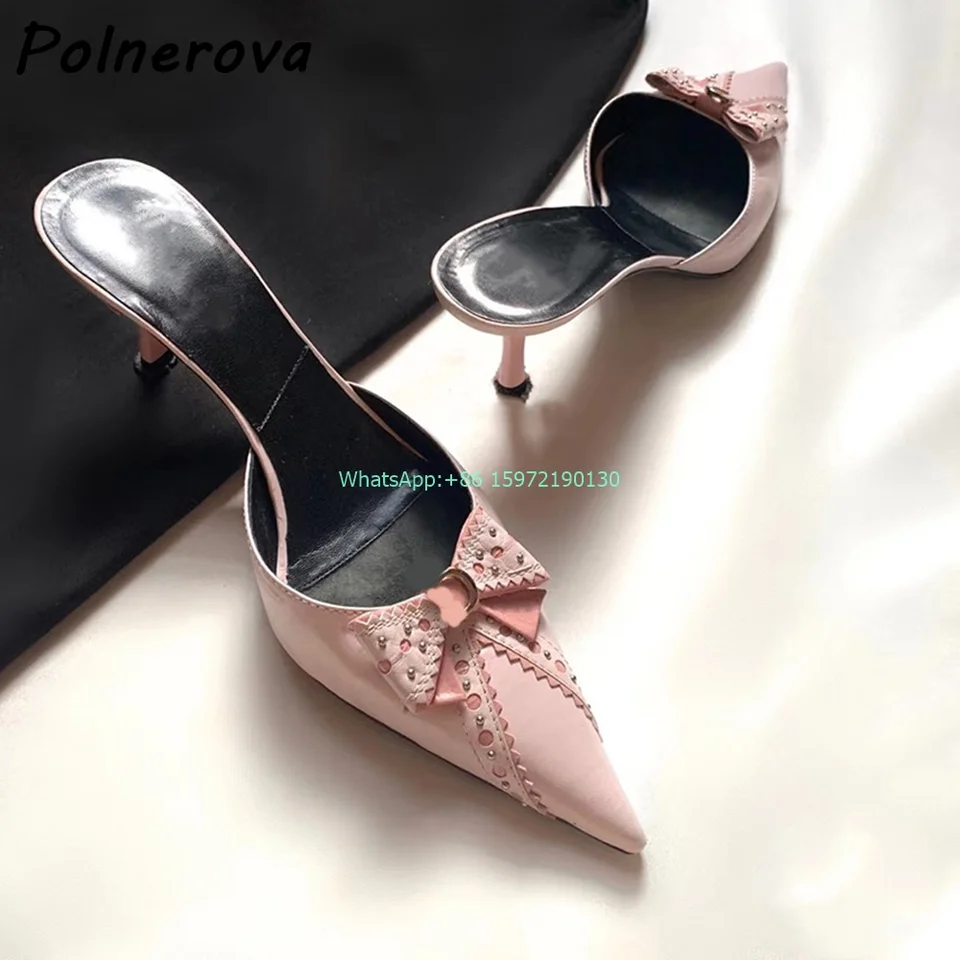Svetloružový motýľový uzol retro klinčeky šitie dutej bodky lesbické špicaté špičky plytké mačiatko päty päty sladké dievča módne topánky