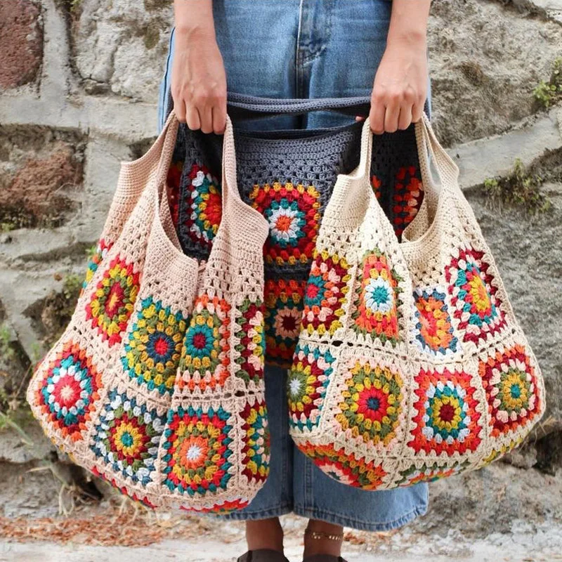 Svetlá farba Granny Square háčkovanie kabelky boho elegantné vintage hippie ženy tašky roztomilé kabelky s vysokokapacitným kutilom kintting