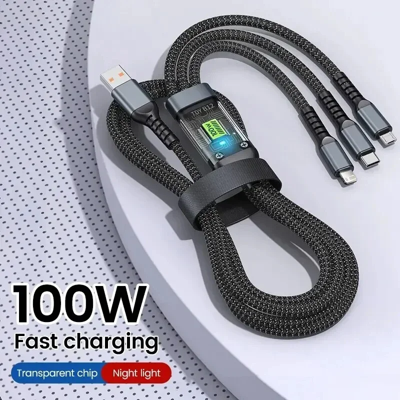 Svetlý dátový kábel 3 IN1 nabíjací kábel mobilného telefónu 100 W dátový kábel typu rýchle nabíjanie pre Android Huawei iPhone v troch