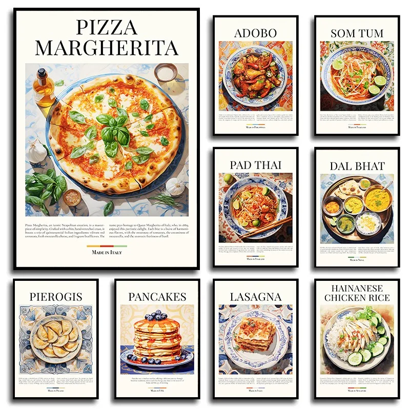 Svetové chutné jedlá palacinky morské plody ryža pizza poster tlač Plátno tlač Wall Art Obrázok pre obývaciu izbu kuchynský bar dekor