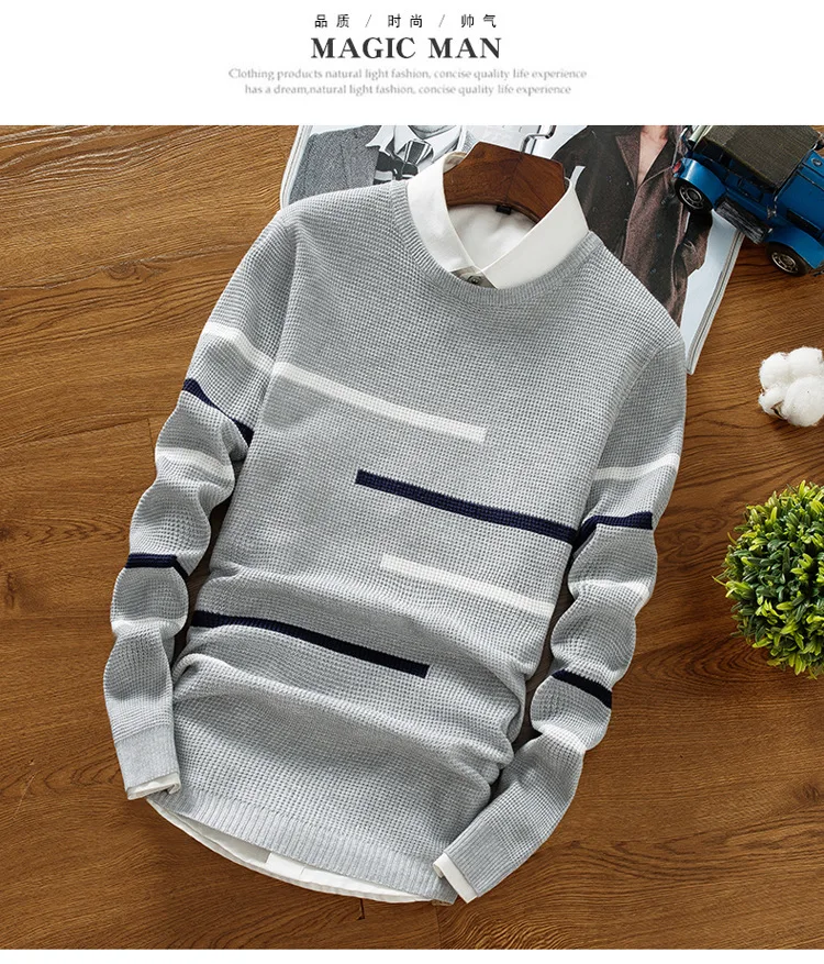 Svetre Men 2022 Módny pruh voľný pletenie svetre Vintage dlhý rukáv okrúhly krk plus zamat Chenille Warm Spring Topy