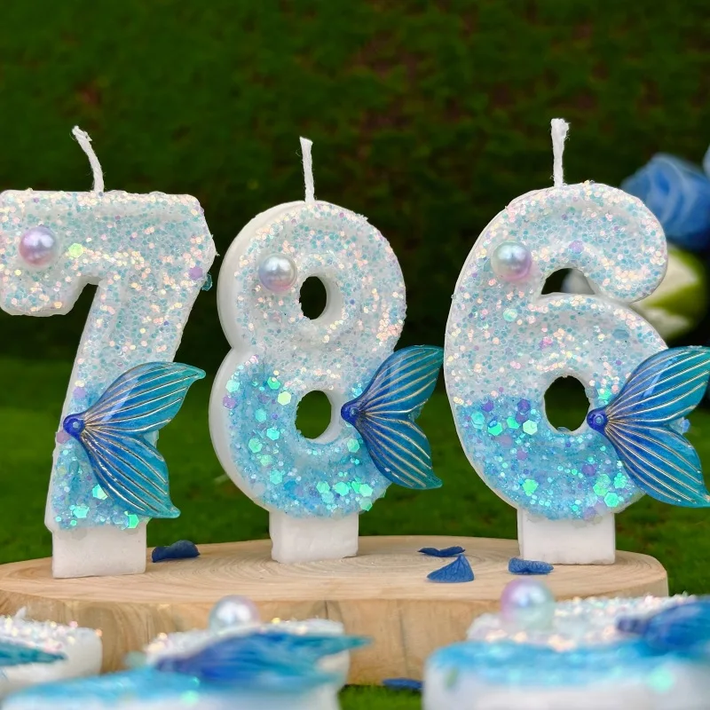 Sviečka žiarivo ružová modrá rybia chvost princezná 1 2 3 4 5 6 7 8 9 narodeniny bábätká Svadobný torta Svadobný tortu Topper Dezert Dessert Dodávky