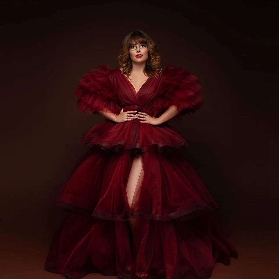 Svieža sieťovina Burgundia Ruffled Puffy Tehotné ženy Foto shoot rúcho tulle materské rúcho šaty šaty pre bábätká Photography