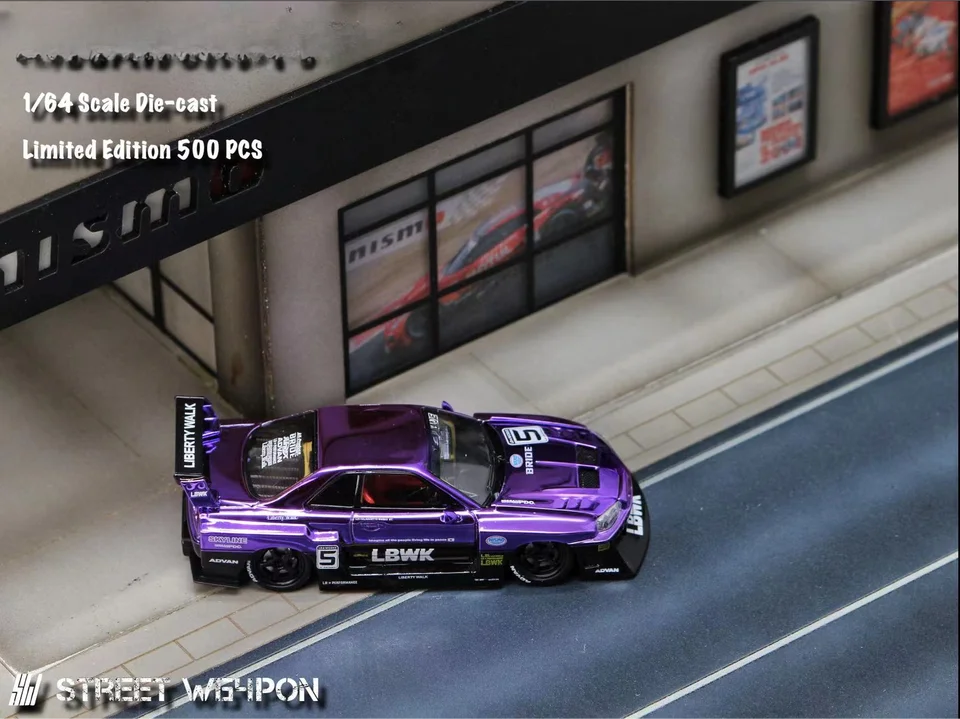SW 1:64 Skyline ER34 Super Chrome Purple No5 Limited499 Diecast Model CAR