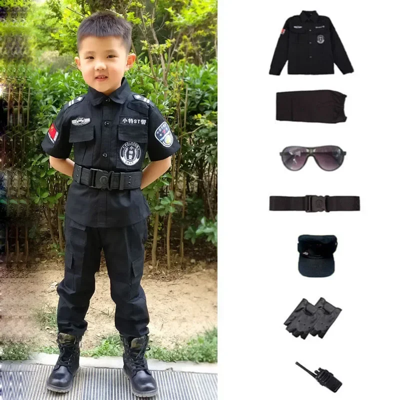 Swat Children Halloween Policeman Cosplay kostýmy Karneval policajná uniforma 110-160 cm chlapcov armádny policajti vojak 7 ks/sety
