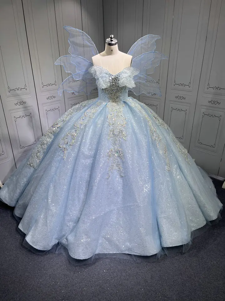 Sweetheart Sky Blue Quinceanera Šaty s motýľom Vestidos de Debutante 15 Anos Sweet 16 plášťov Vestido de 15