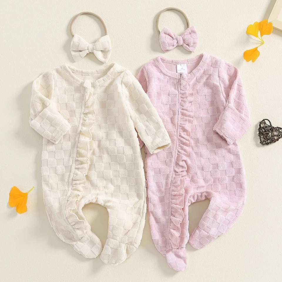 Sweety Baby Fall Winter Rompers Novonarodené dievča outfit frill frill s dlhým rukávom Fleece Foot s kombinézou čelenka