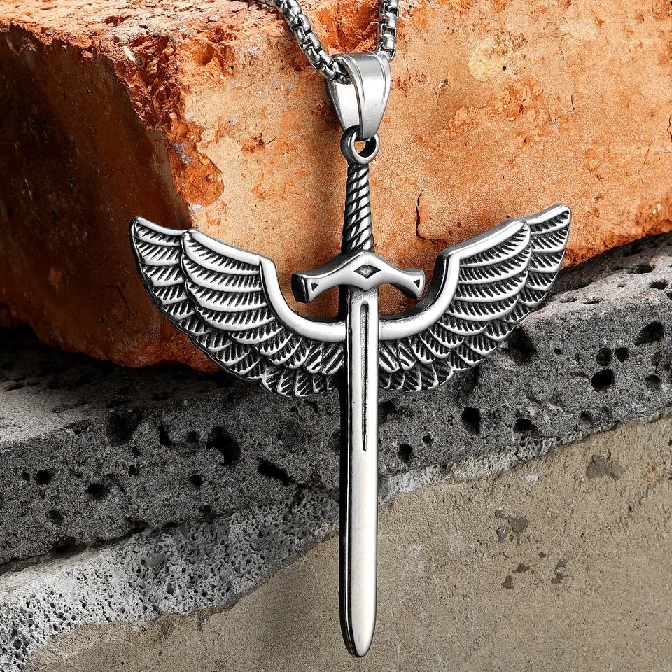 Sword of Suding Angel Wing z nehrdzavejúcej ocele Šperky Muži jednoduchý náhrdelník s príveskom pre mužské ženy Punk hiphop