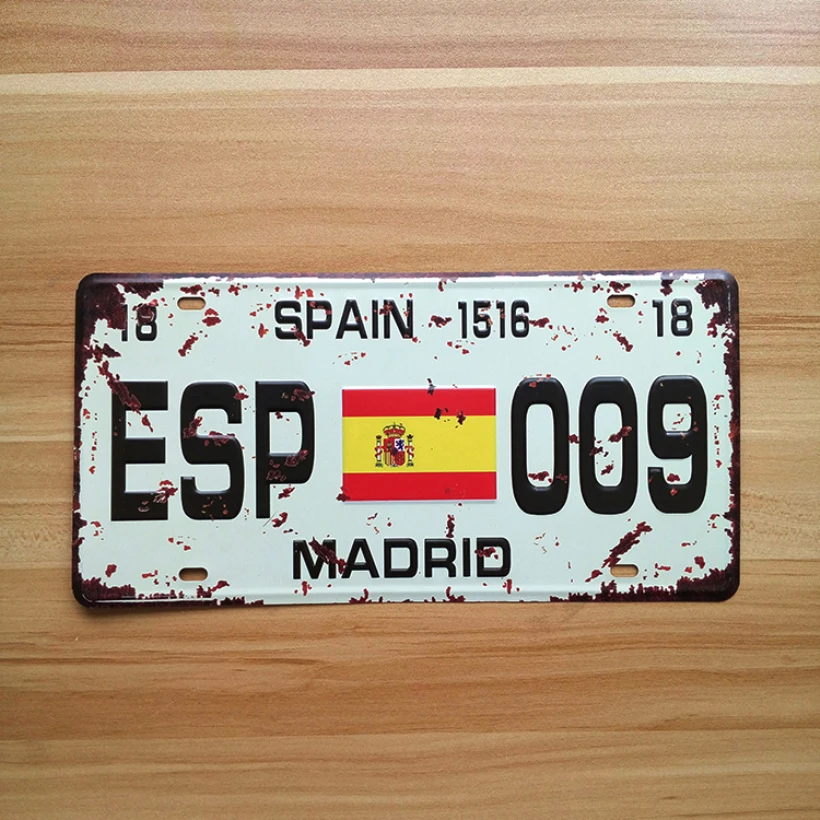 SYF-A138 Retro licenčné dosky automobilov ESP-009 Madrid Španielsko Vintage kovové plechové značky Garáž maľba Nálepky na plaketu 15x30cm