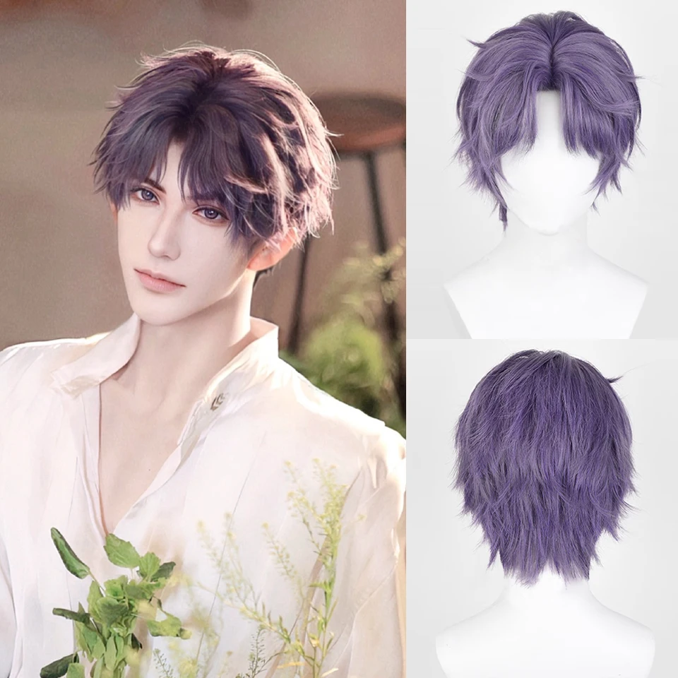 Syntetická krátka rovná Purpurová stredná časť parochňa Parochňa Men Anime Game Cosplay Fluffy Heat odolná parochňa pre každodennú párty
