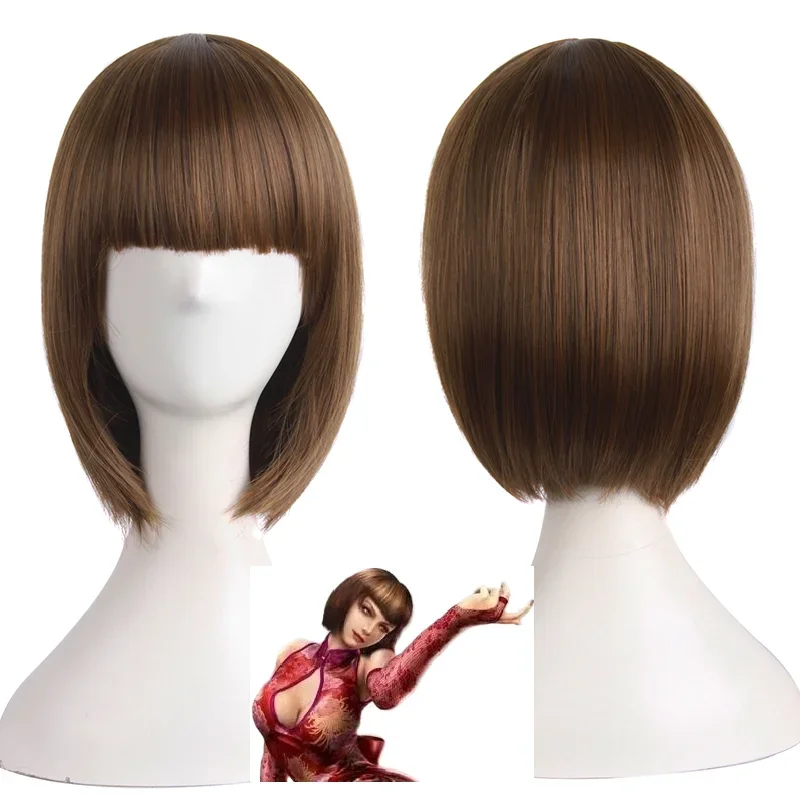Syntetická parochňa tek Ken 6 Anna Williams Cosplay kostým pokrývok pokrývok pokrytia propaga hnedých krátkych vlasov parochne