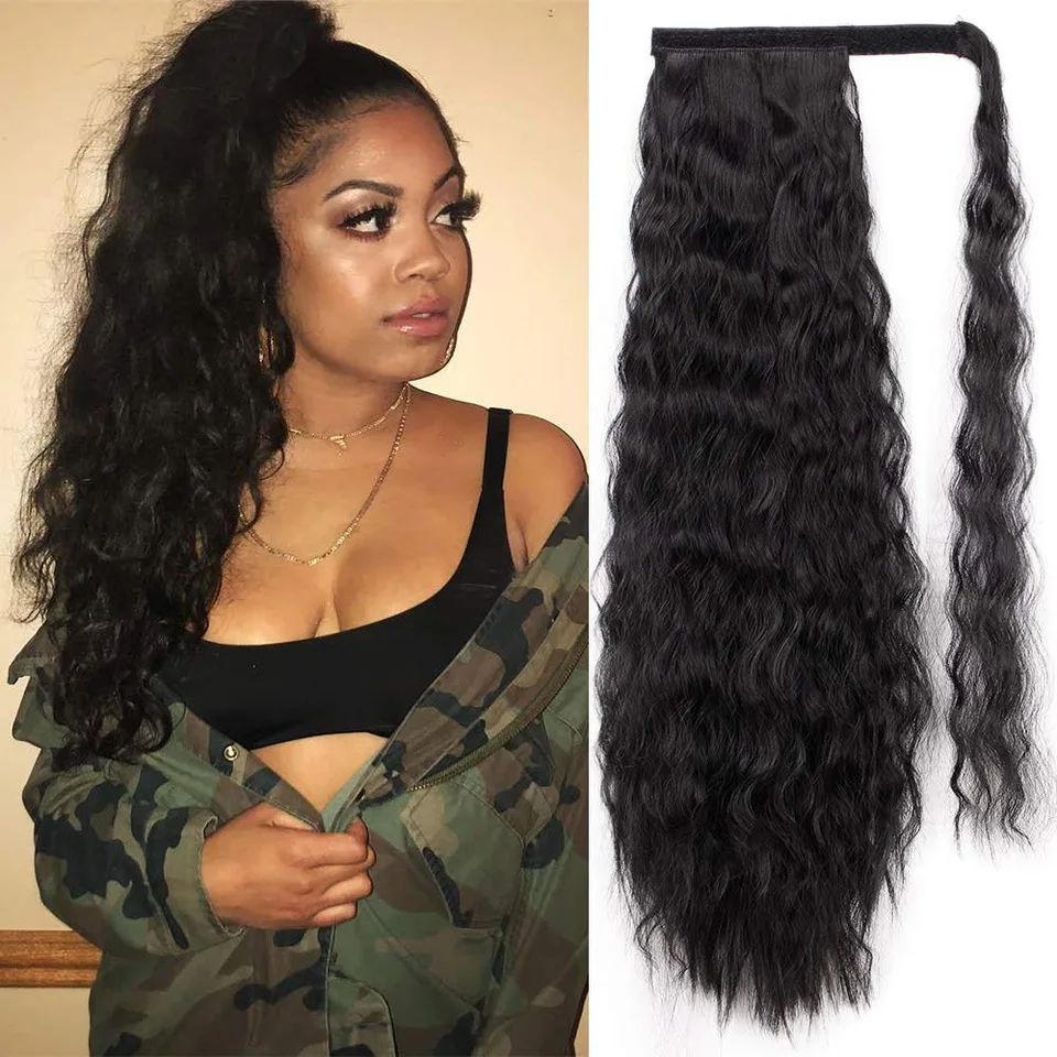 Syntetická predlžovacia klipka na kukuričnú vlnu v dlhom zvlne kučeravé obalené okolo Pony Tail Teplo rezistentný do účesu pre ženy
