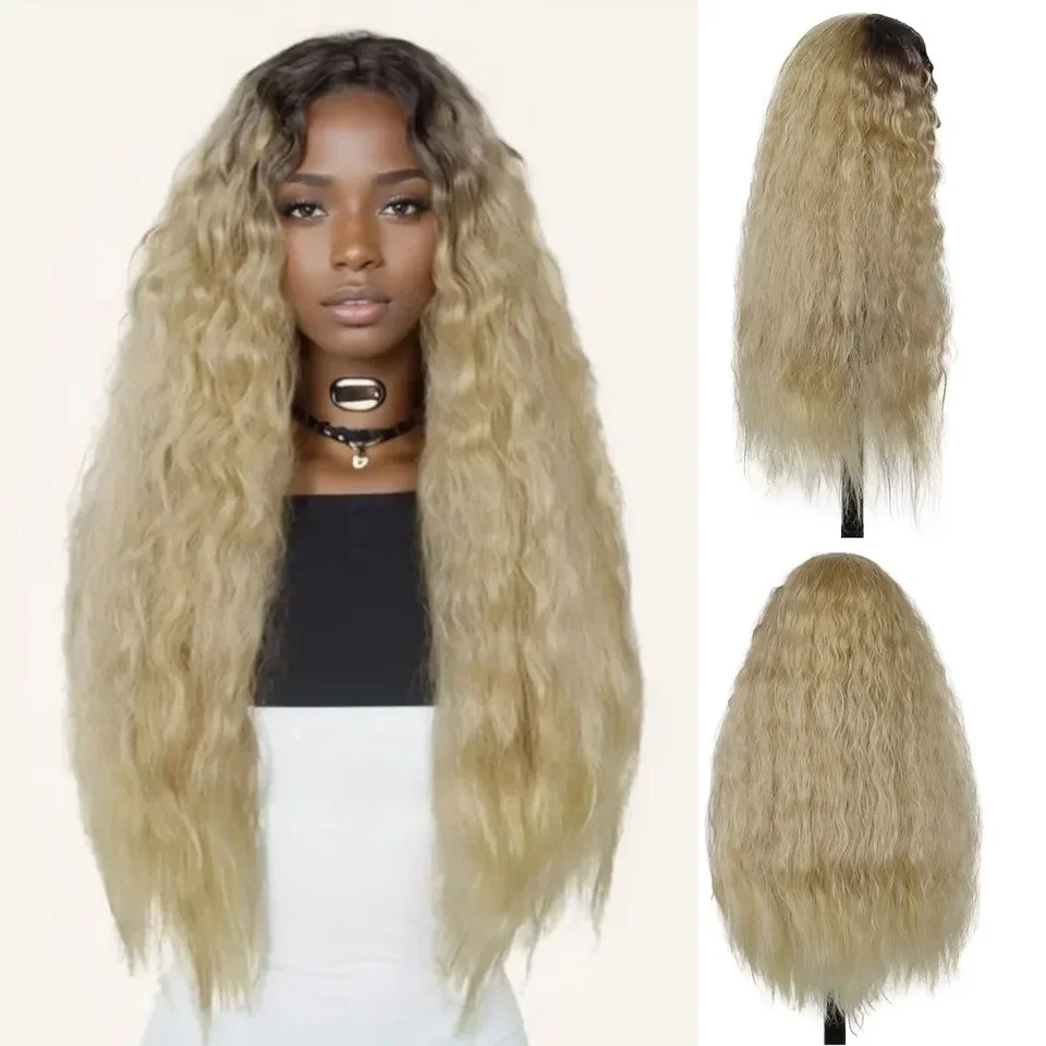 Syntetické 28 palcové kučeravé vlnité parochne pre ženy Ombre Blonde Prírodná parochňa s čiernymi koreňmi
