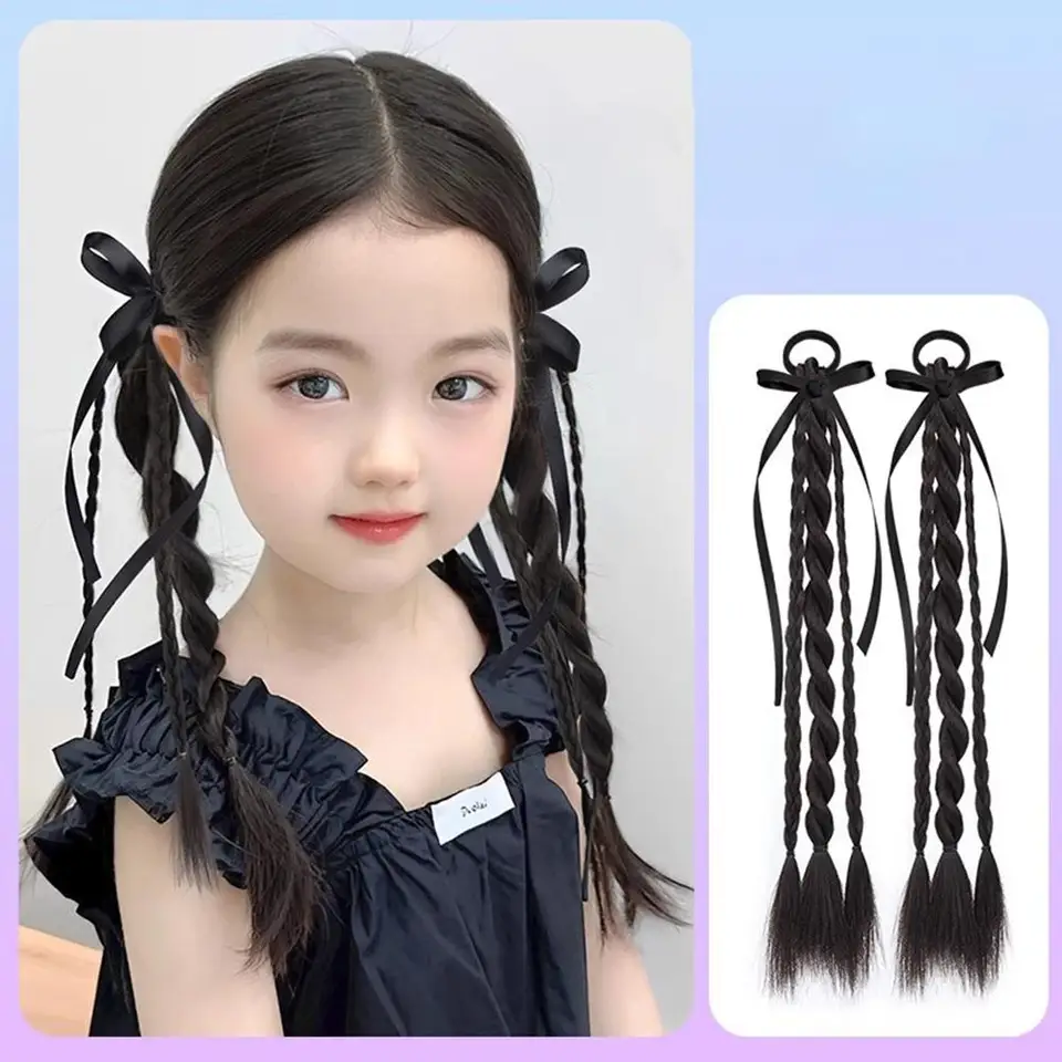 Syntetické 2pc deti Simulation box Braid Double cop Parochnica Girls Ribbon bowknot Twist copy Parochne predĺženie 50 cm