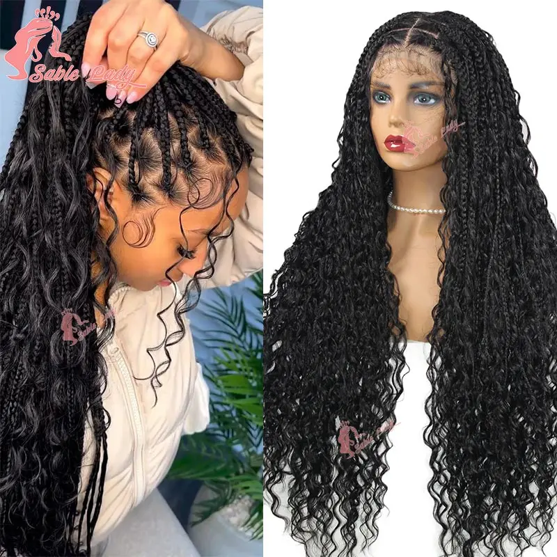 Syntetické boho box pletené parochne Plné čipky predné parochne s kučeravým bohyňou Locs Cornrows Parochne vopred vytrhnuté boxové vrkočky parochne 32 palcov