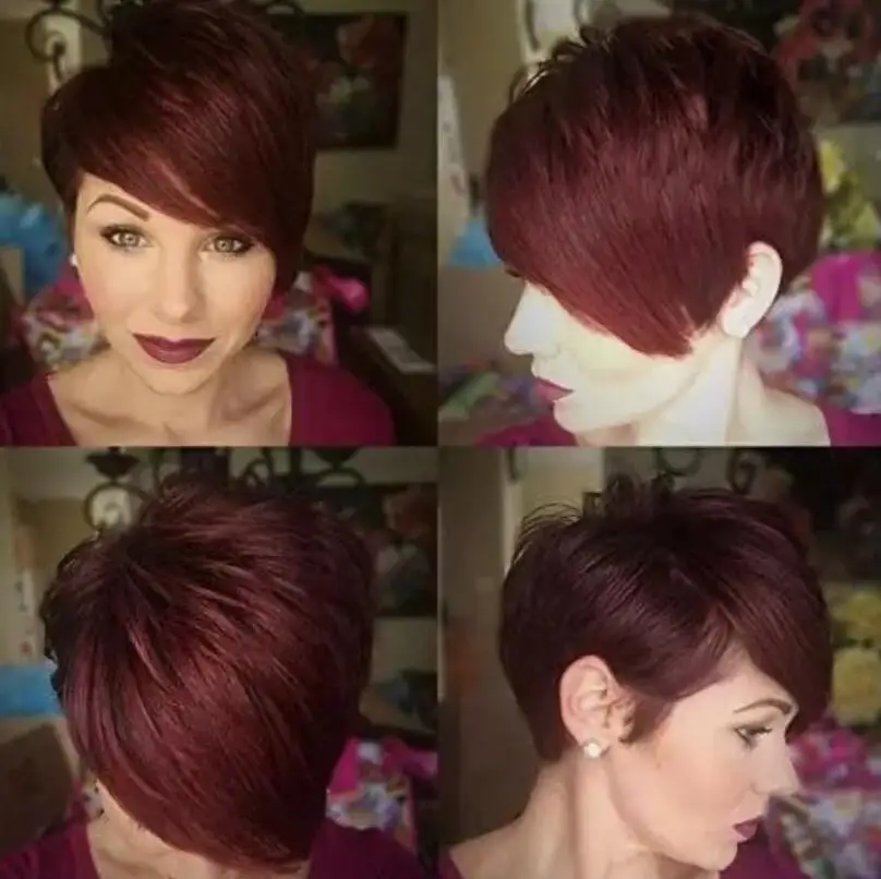 Syntetické burgundské červené krátke parochne pixie strihané parochne bočné časti módne pixie parochne