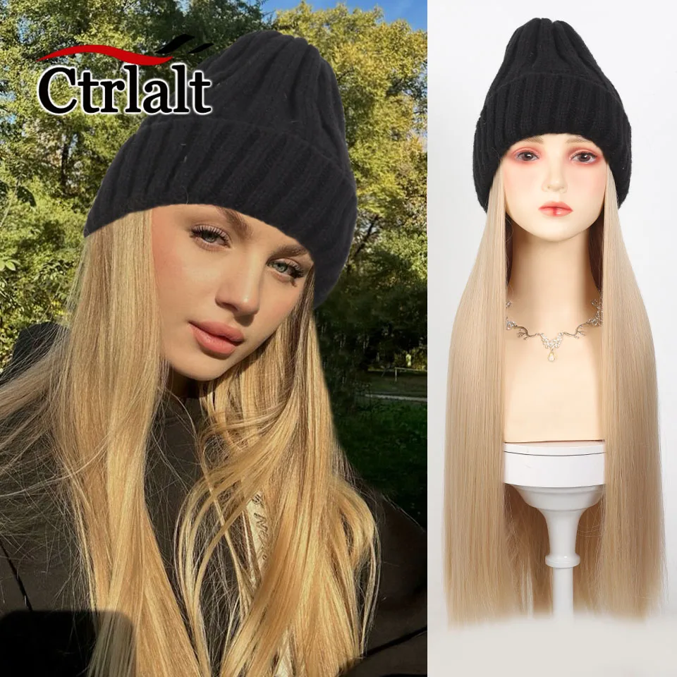 Syntetické klobúky parochne čiapky s klobúkom s blond vlasmi parochne pre ženy dlhé rovné čierne vlasy teplé plyšové pletené jesenné zimné čiapky