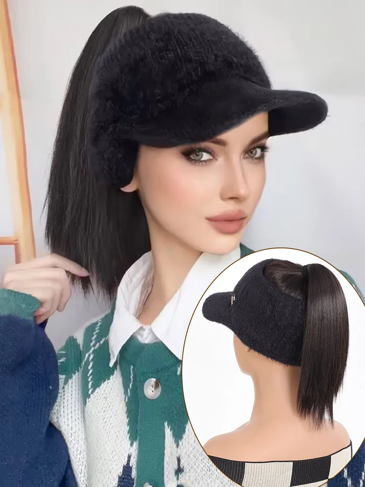 Syntetické prírodné priame vlasové copytail predlžovacia parochňa Black Plyšový tieň baseball čiapka všetko v jednom, ľahko nosiť klobúkovú parochňu