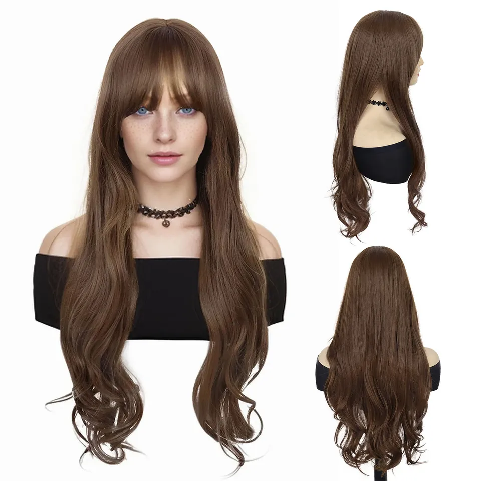 Syntetické vlasy dlhé parochne pre biele ženy prírodný účes Brown Parochňa s Bangs Body Wave Parochňa Roleplay Roleplay Drag Queen Cosplay