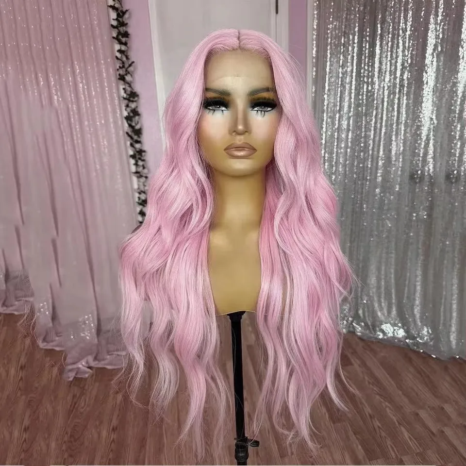 Syntetické vlasy ružové vlna tela dlhé vlnité vlny vopred vytrhnuté 13x4 čipky predné parochne pre čierne ženy bez glueless cosplay denné nosenie parochne