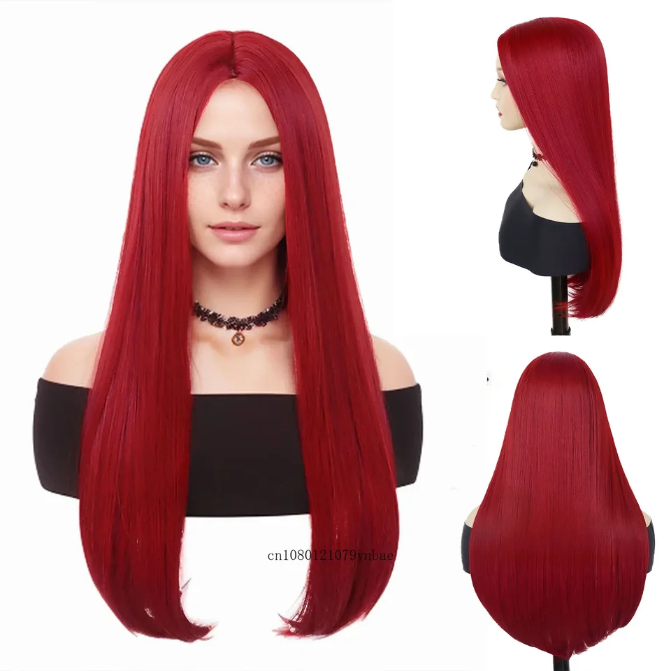 Syntetické vlasy červené parochne pre ženy dievčatá 28 palcov dlhé priame centrum Part Cosplay parochne Halloween kostýmy Party Prírodné vyzerajúce