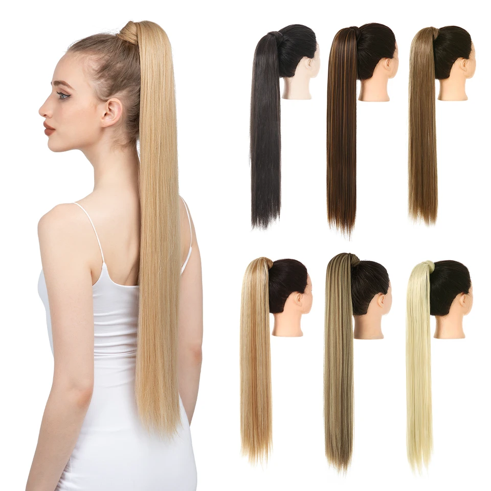 Syntetický dlhý priamy cytail predlžovanie vlasov 32 palcov spona vo falošnom parochni blondínka blondínka okolo chvostu Pigtail Smoot Pony chvost