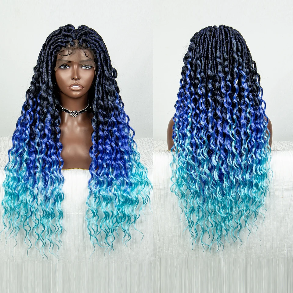 Syntetický gradientný box pletená parochňa Wig Wavy Ends plné čipkované faux loks zvlnené konce konce parochne háčkovanie afro dreadlocks gradient modrá parochňa