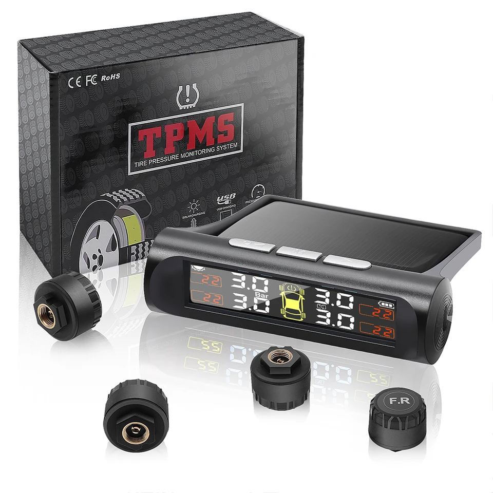 Systém monitorovania tlaku v pneumatikách so 4 TPMS senzorom solárnym digitálnym LCD displejom Automatickým bezpečnostným alarmovým snímačom tlaku