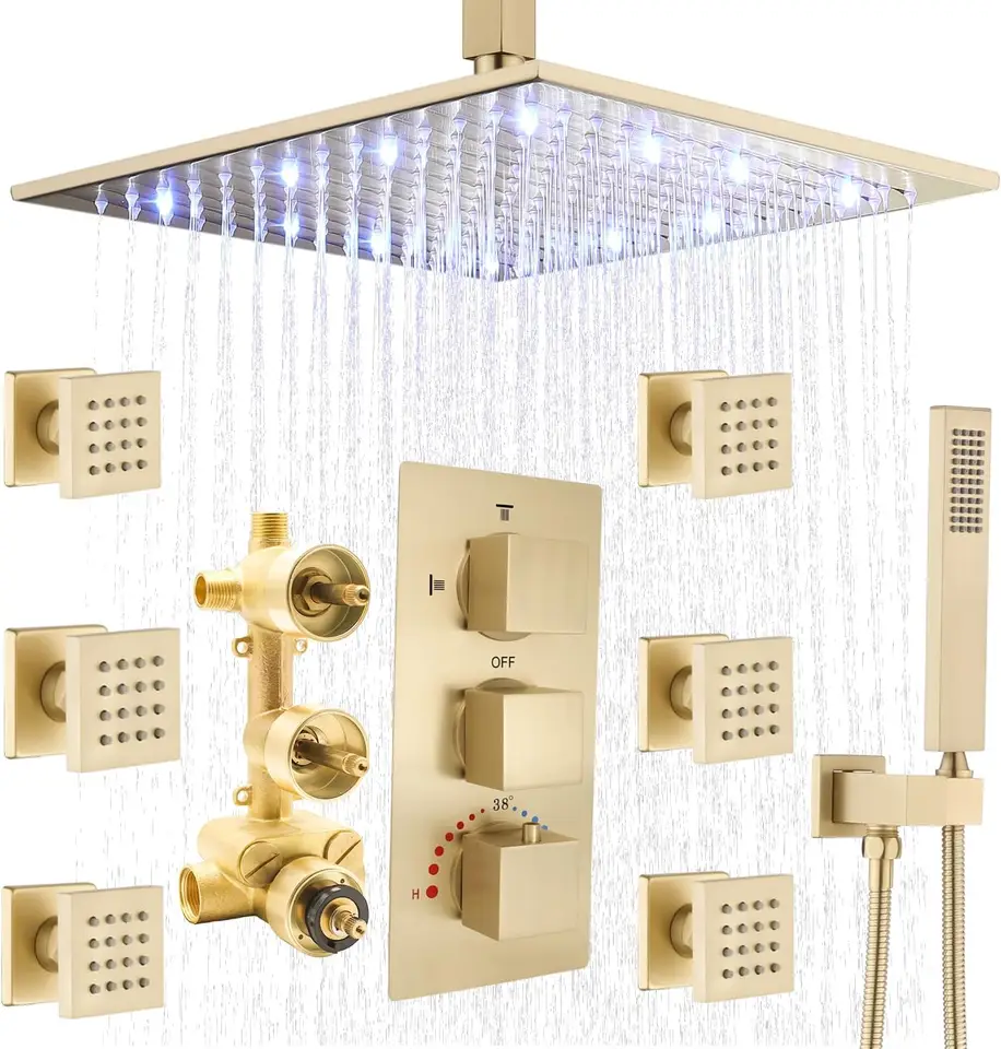 Systém naliehaného dažďového sprchovania so zlatou dažďovou sprchou s telesným prúdom 12 palcov LED LED zrážok sprchový systém Termostatický faucet set s postrekom tela