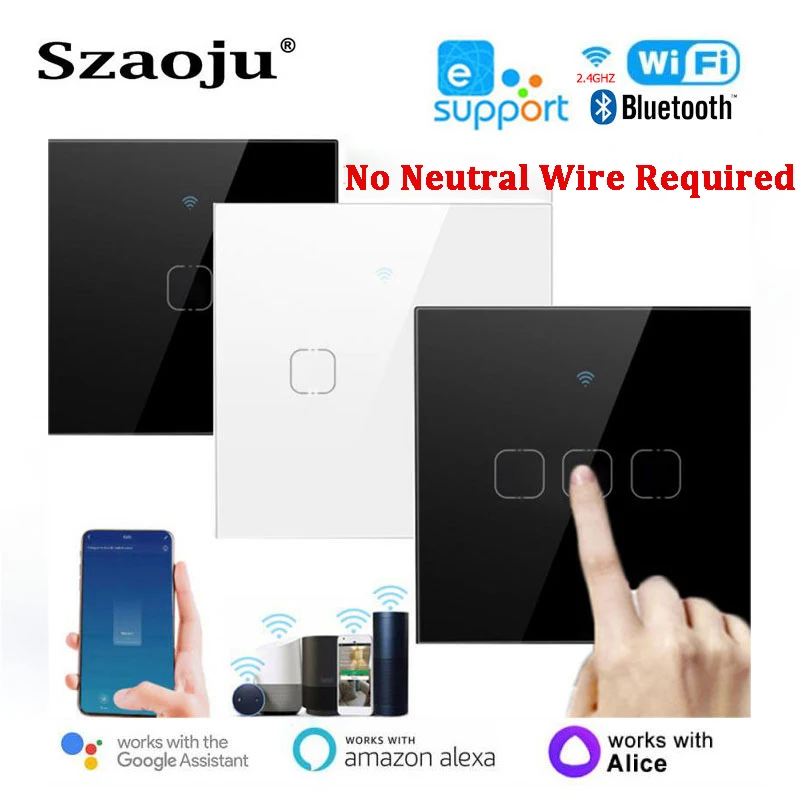 Szaoju Ewelink WiFi Switch Bluetooth RF Alexa Google hlasový ovládací ovládač neutrálny drôt/bez neutrálneho drôtu Inštalácia Smart Touch Light prepínač