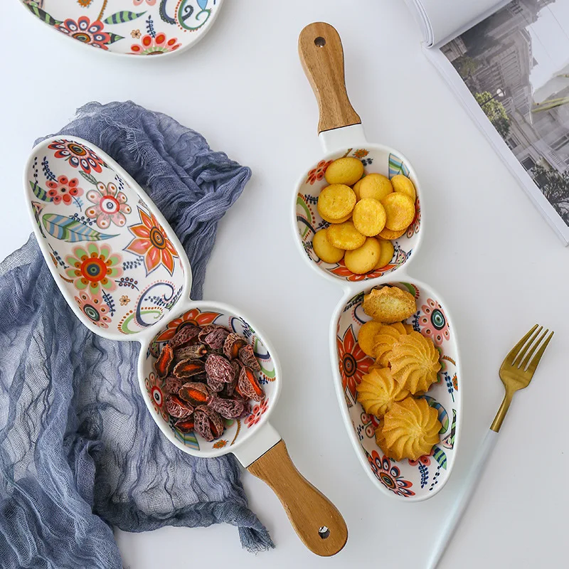 Séria Dielianhua Vysokotextená matná glazúra Color Creative Ceramic Tamic Acacia Drevená rukoväť keramická doska pre domáce použitie