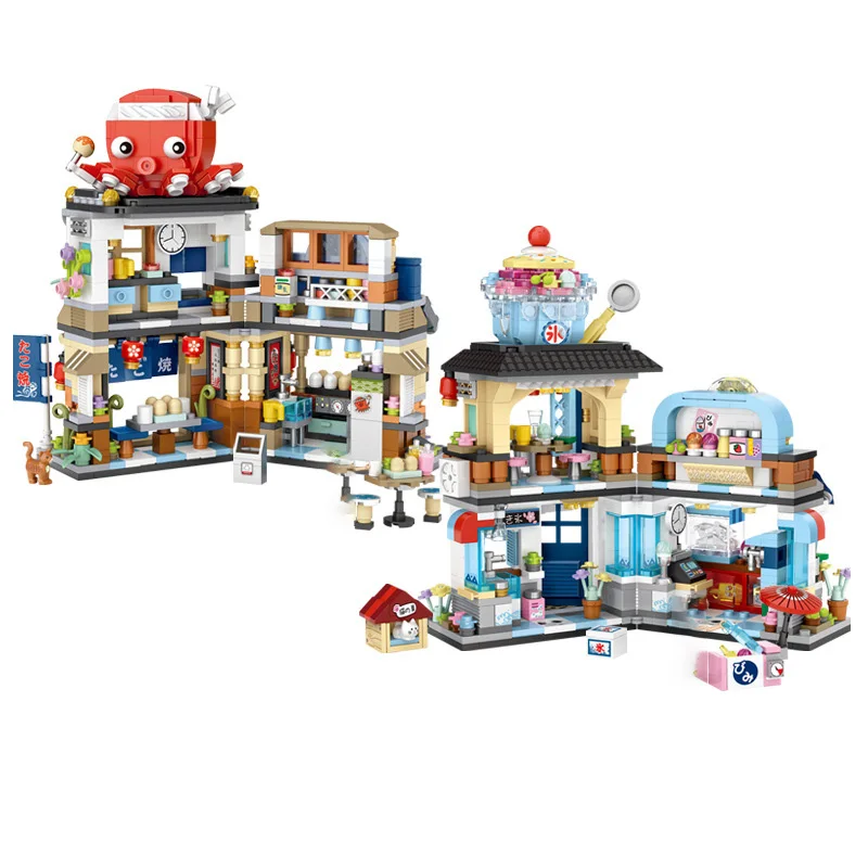 Séria Loz Street View Series Japonský skladanie chobotnice grilovaný obchod Vyholený ľadový obchod s potravinami Street Model Building Blocks pre deti