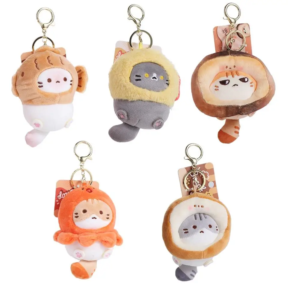 Séria malých potravinových dom toastov mačka Plush prívesok prívesok s vyprážané krevety karamel karamel hrianka mačka kľúče keyring takoyaki taiyaki