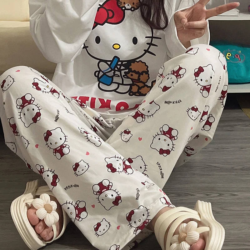 Séria Sanrio Hello Kitty pyžamy anime dámy biele karikatúry Cast Family Cute Rodina roztomilý tlač Fleas Fall Girls Pants Vianočný darček