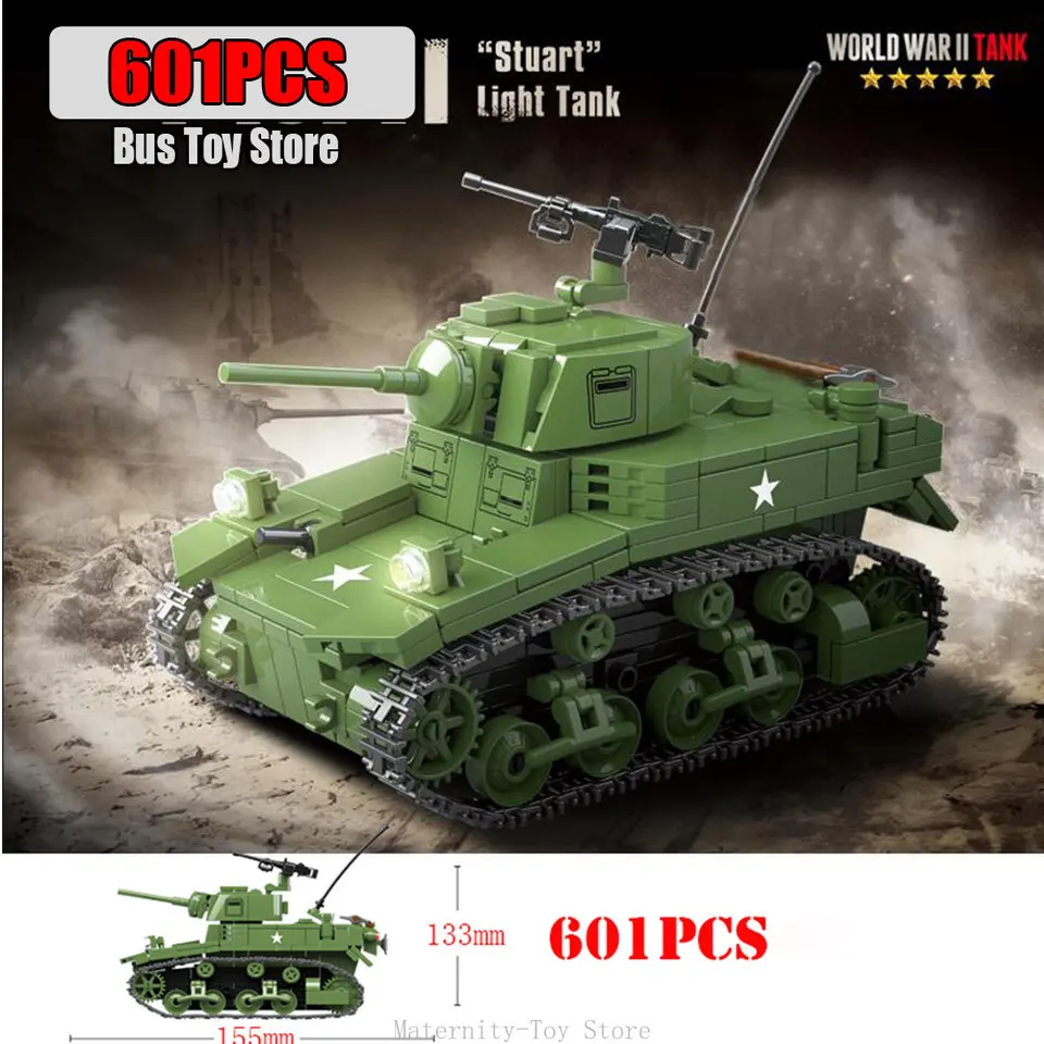 Séria vojenských tankov z druhej svetovej vojny Stuart Light Tank Tiger Leopard Tank Buildier Buildier Building Bucks Army Hračky pre deti pre darčeky chlapcov