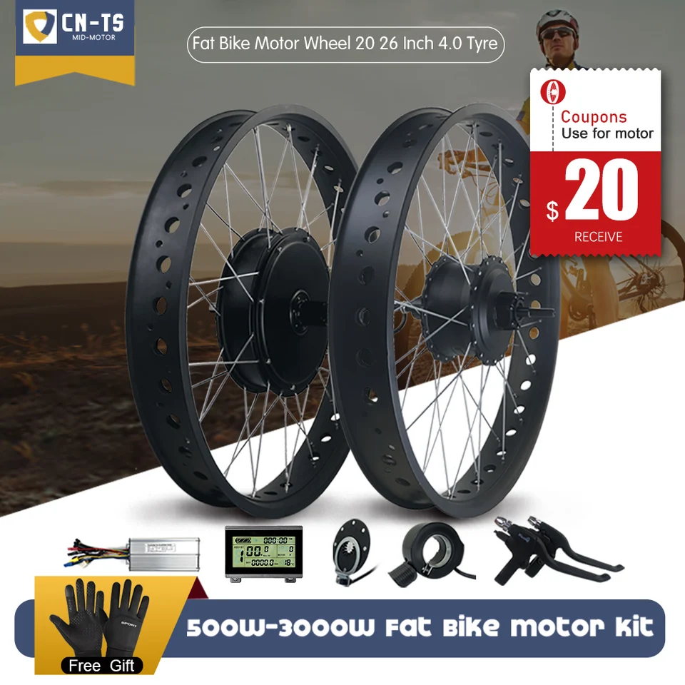 Súprava konverzie pneumatík EBike Fat Pneuľká 48V 1000W 1500W 72V 3000 W bez kefy Motorové koleso 20 26inch 4,0 Pneumatika pre elektrický bicykel Motor Kit