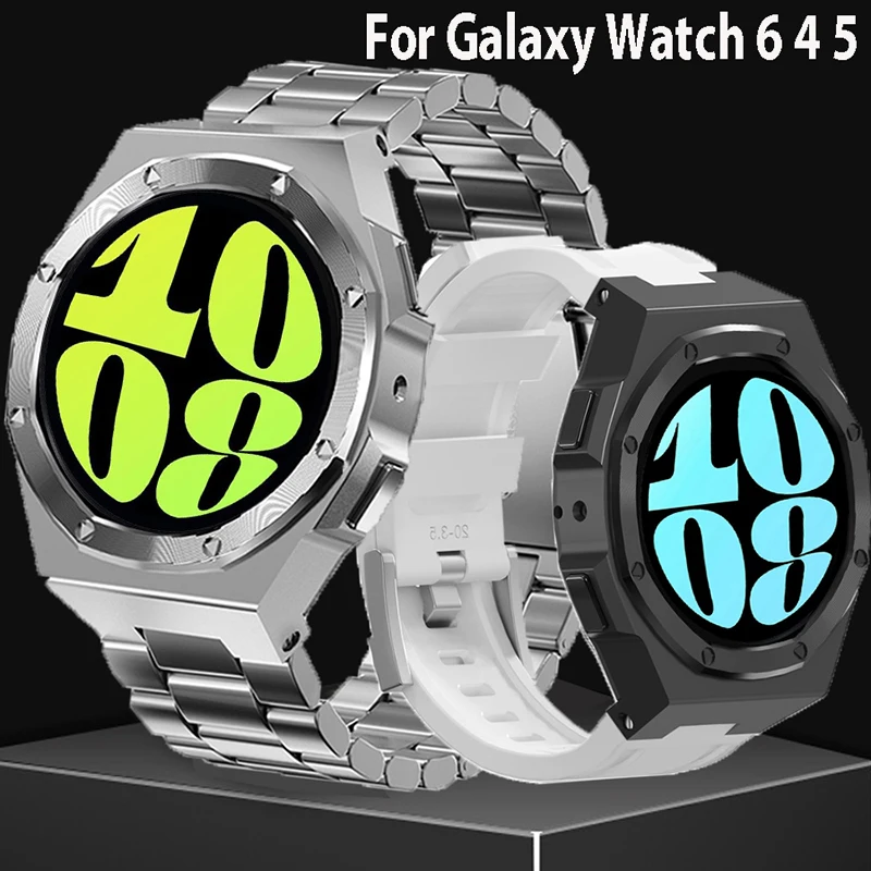 Súprava luxusnej modifikácie pre Samsung Galaxy Watch 6 4 5 44 mm mäsové puzdro z nehrdzavejúcej ocele Silikónový pás pre Galaxy 5 Pro 45 mm