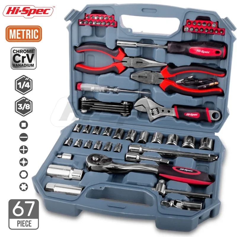 Súprava na opravu automobilov 67pc sada 1/4 3/8 Automatické mechanické nástroje Metrické DIY ručné náradie zásuvka Scket ScetDriver Set Plier v krabici