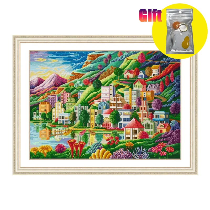 Súprava Spring Cross Stitch 14ct 11ct Európsky štýl krížových ihlových umení a remesiel, ručne vyrábané súpravy pre domácich majstrov, dúhové mesto
