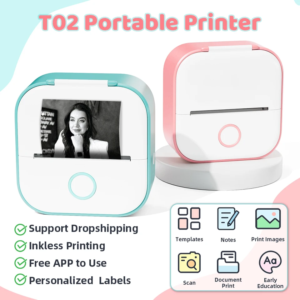 T02 Prenosná tepelná tlačiareň bezdrôtové pripojenie Bluetooth Foto Label Memo Inkless Printing Impresora Portátil Tlačiareň