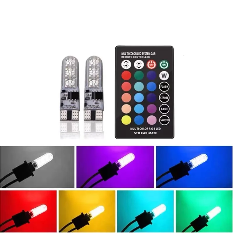 T10 nepremokavé W5W 501 Automobilový klinový bočný žiarovka-žiarovka-6SMD 5050 RGB 7 farebná LED diaľkové ovládanie (bez batérie) Strobe Flash Wedge Lamp