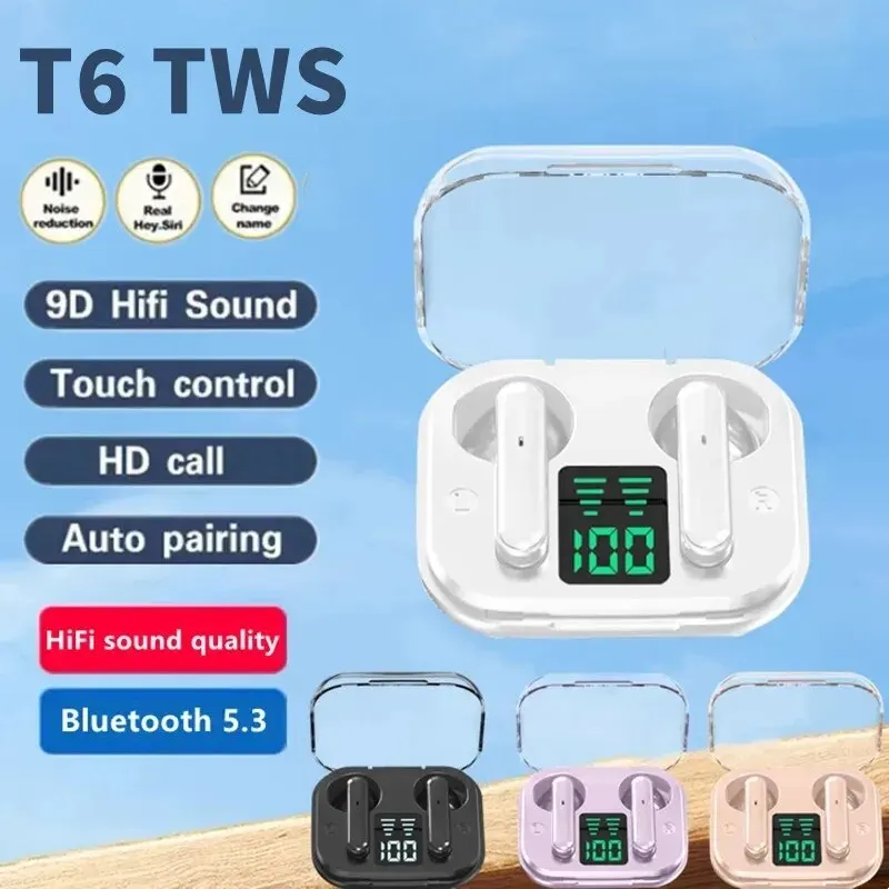 T6 TWS Bluetooth slúchadlá 5.3 Bezdrôtové Bluetooth náhlavné náhlavné náhlavné súpravy s mikrofónovými slúchadlami pre iPhone Xiaomi