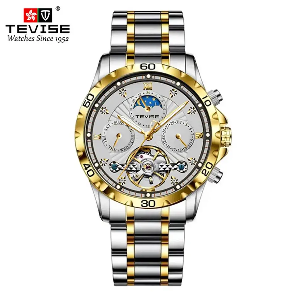 T9009 Tevise Fashion Business Watch Pánske Mechanické hodinky Nepremokavé tourbillon oceľové pásmo hodinky Multifunkčné pánske hodinky